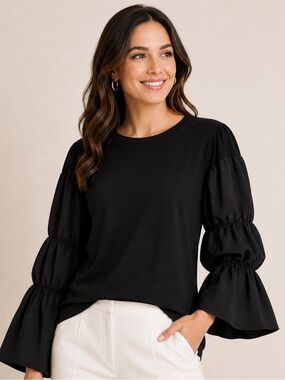 NWT Patrizia Luca Black Tiered Sleeve Sweater Blouse Size XL